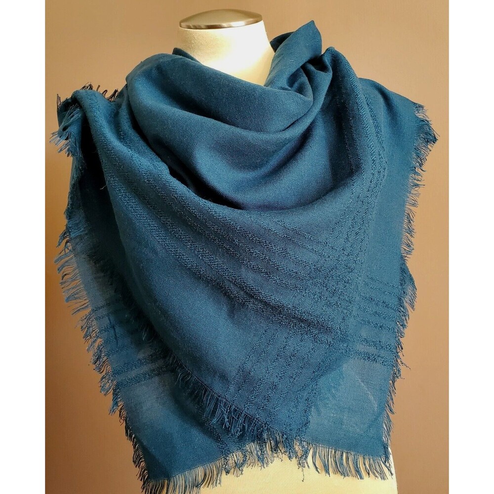 Vintage Scarf Teal Blue Solid Woven Border Self Fringe 43" sq Self Fringe flaw